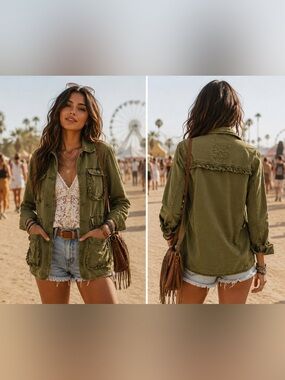 Anthro Utility Jacket Army Green Military Boho Ruffle Shacket Cotton Safari Coat